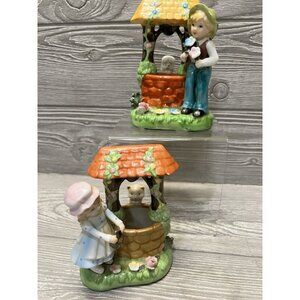 Vintage Girl &Cat Boy & Dog Wishing Well Figurines Midcentury 5.25”